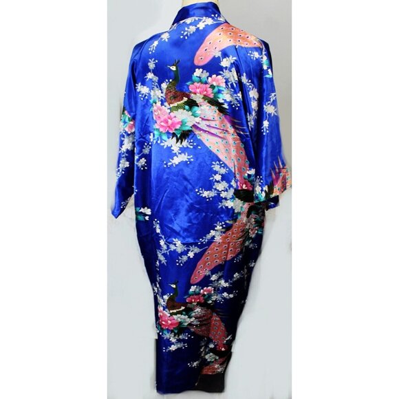 Blue Satin Japanese Kimono Style Floral Peacock Womens M Short Tie Robe - Picture 6 of 12